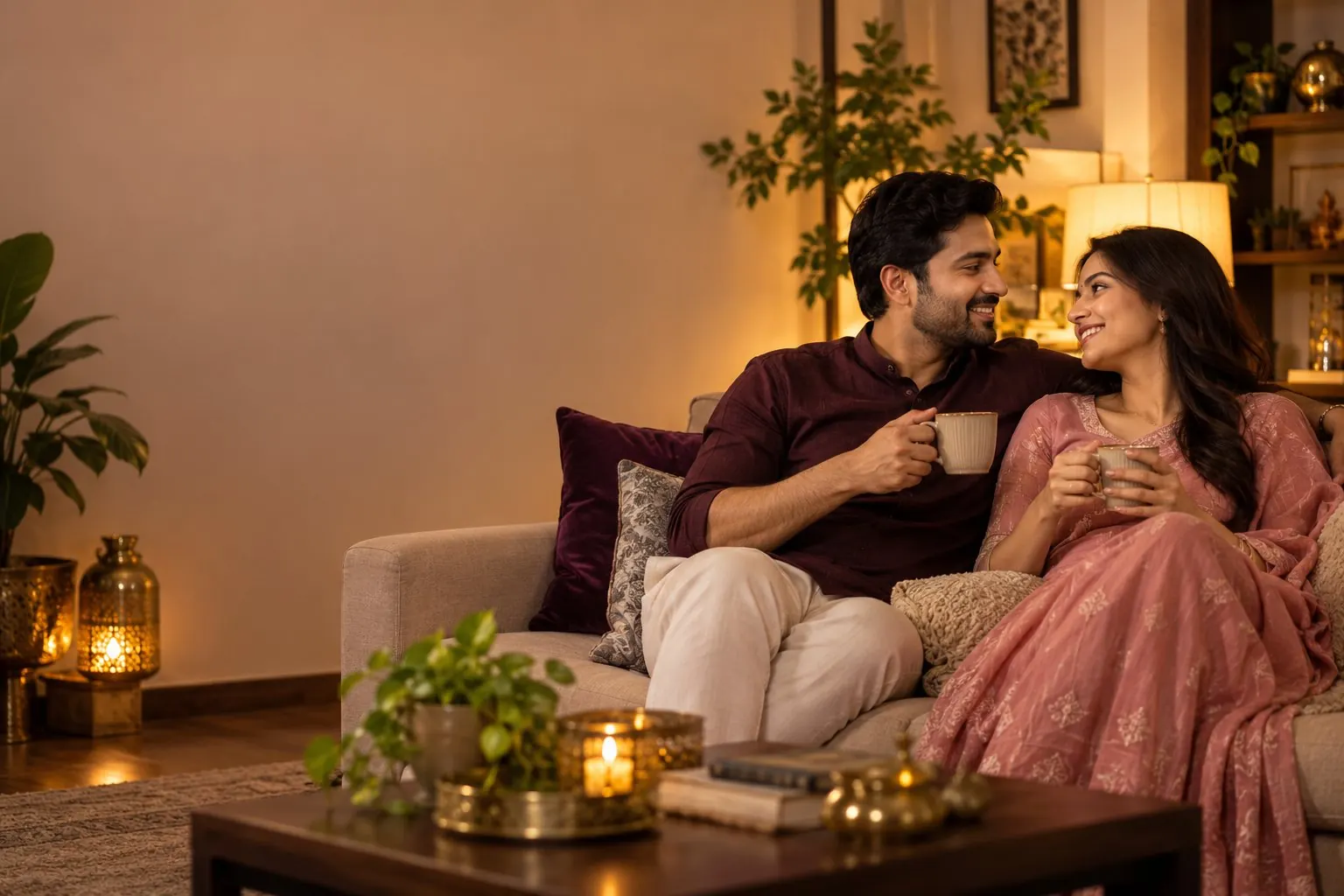 An Indian couple sharing chai and a conversation on their sofa